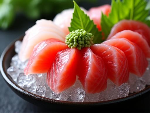 新鮮なワサビと共に美しく盛り付けられた刺身の盛り合わせ