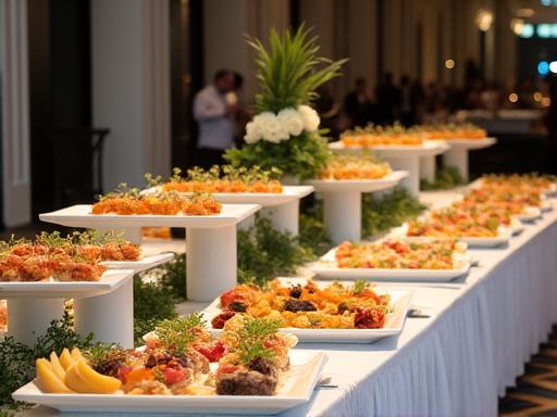 法人向けの昼食のために準備されたプロフェッショナルなビュッフェテーブル。