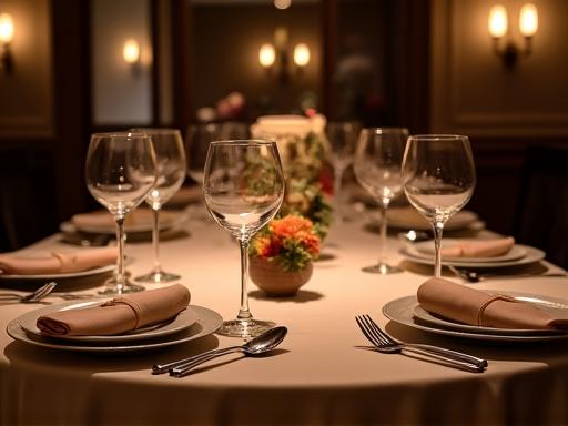 プライベートディナーのために親密にセッティングされたダイニングテーブル。